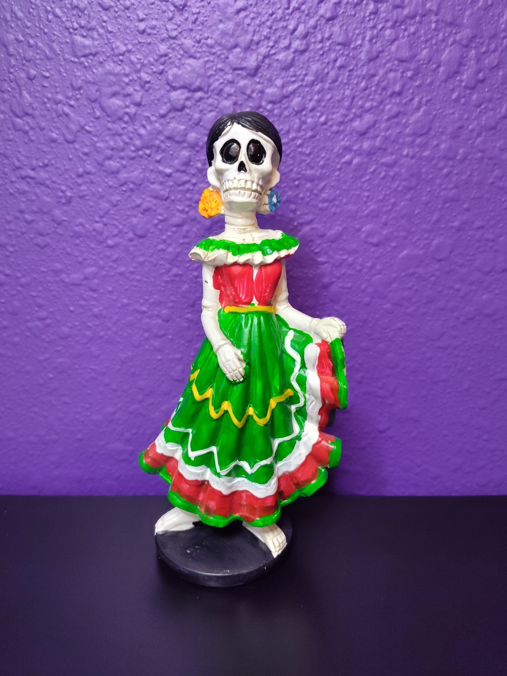 Hand-Painted Mexican Day of the Dead Catrina Figurine - Green & Red Dress